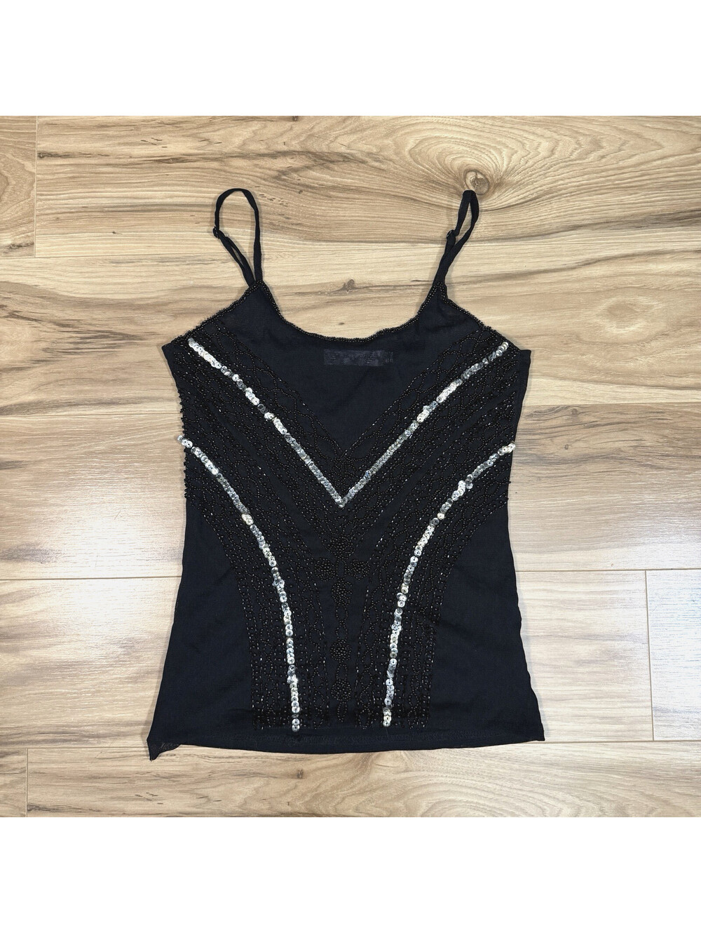 Angel Black Silk Blend Beaded Sequin Cami Tank Top M Y2K Party